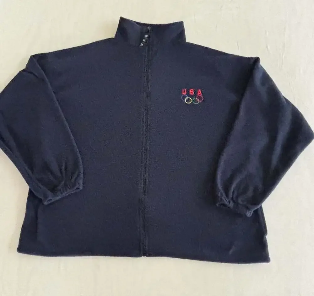 Vintage USA Olympic Rings Navy Blue Full Zip Fleece Jacket XXL Made In USA